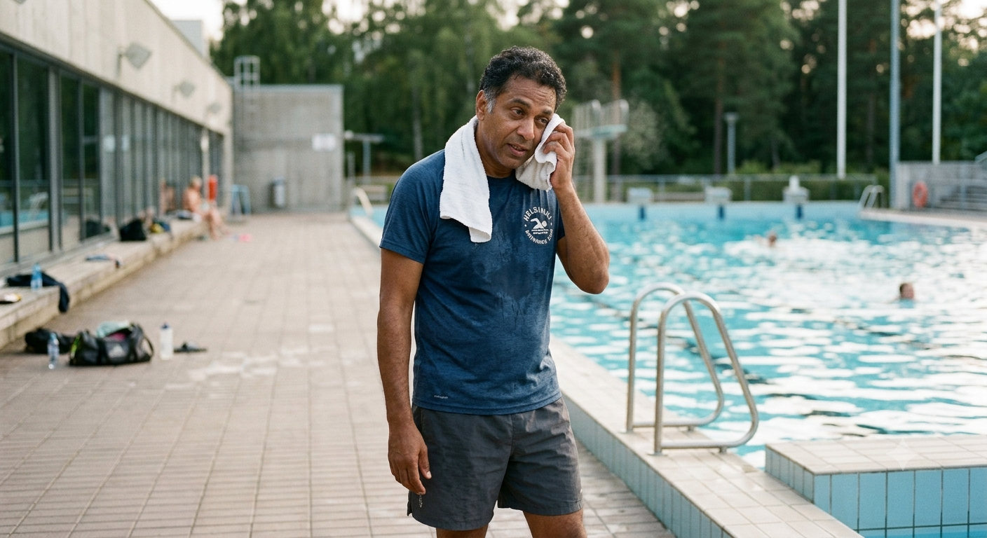 Man in his 50s after swimming at an outdoor pool